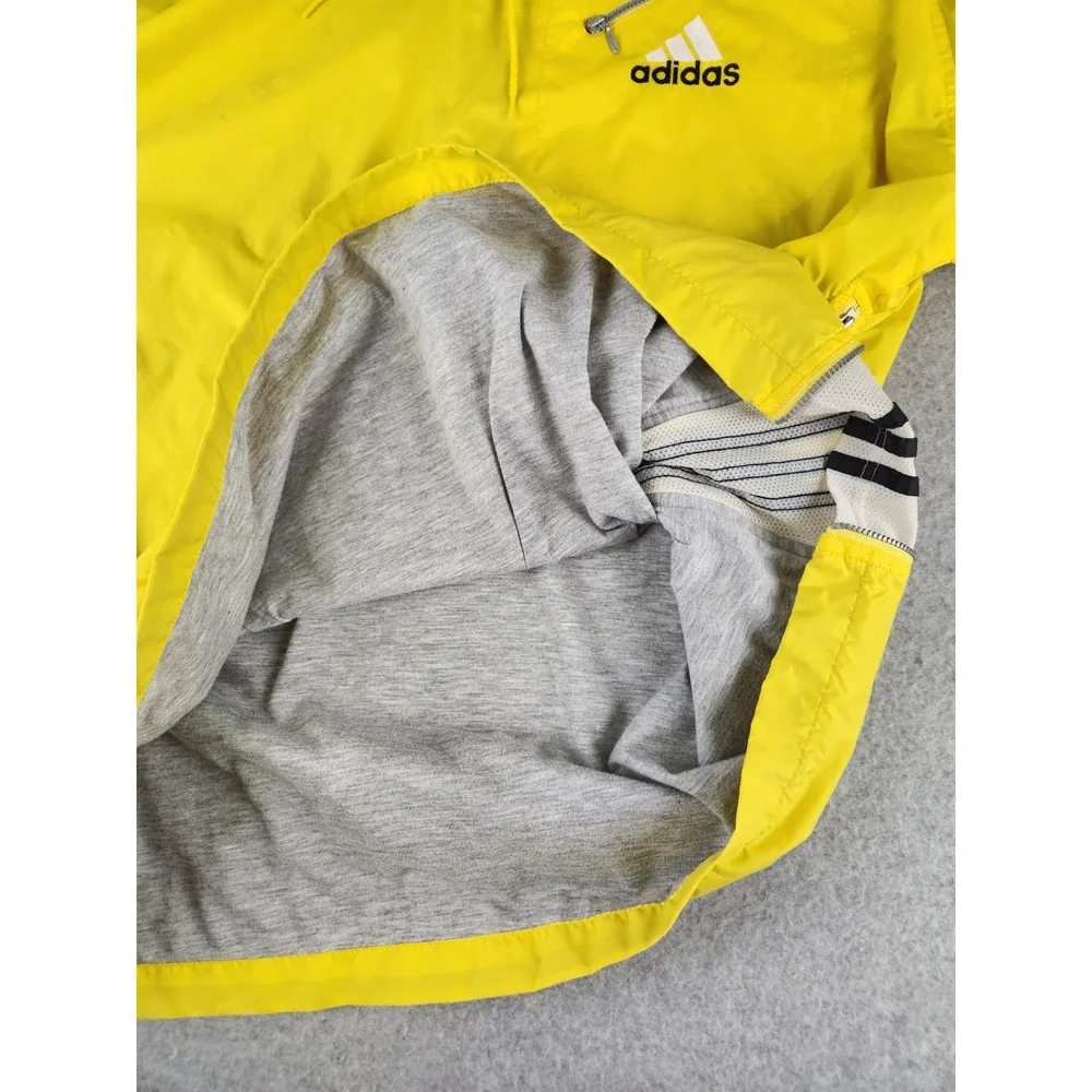 VTG Adidas Mens Windbreaker Jacket Yellow Black stripe Cotton Lined Hoodie LARGE